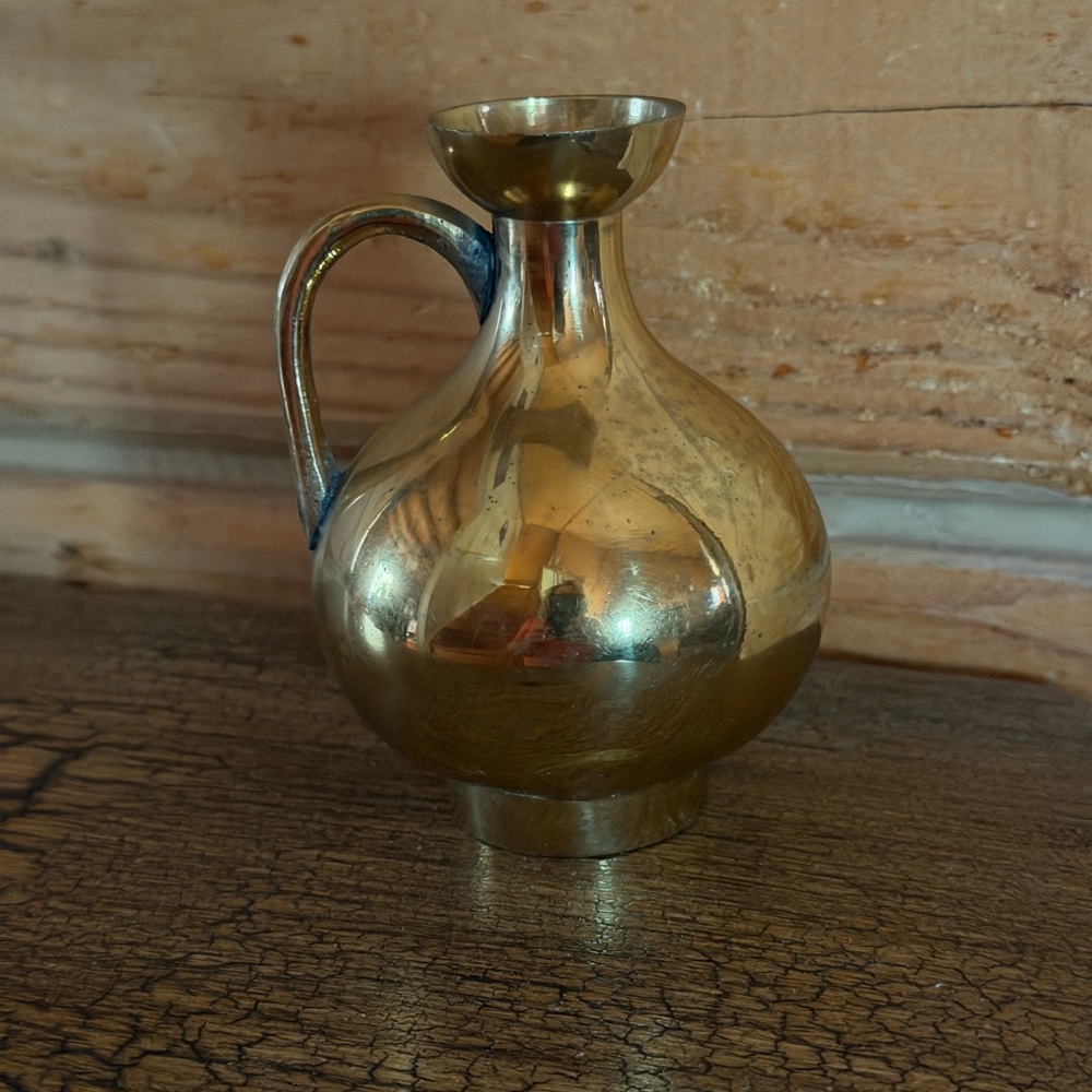 Vintage MCM Solid Brass Mini 4” Pitcher/Vase with Handle Made in India